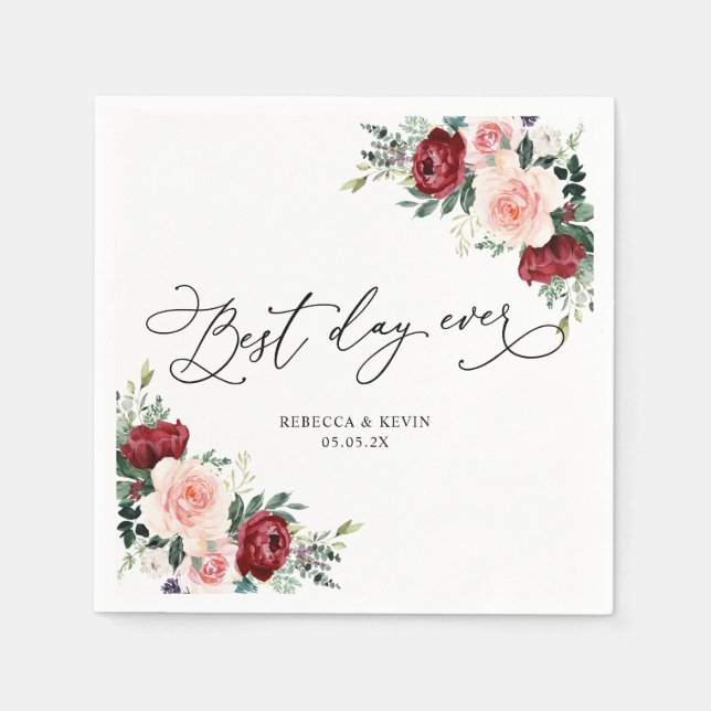Serviette En Papier Élégant Script Bourgogne Blush Floral Green (Devant)