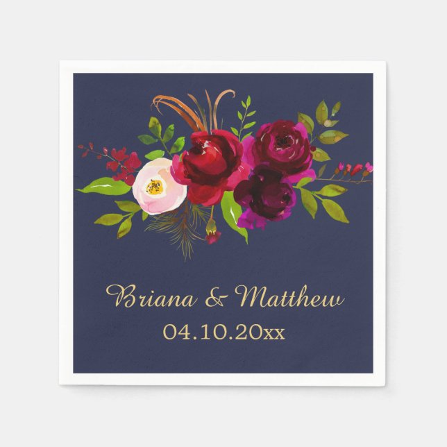 Serviette En Papier Élégant Script Bourgogne Floral Navy Bleu (Devant)