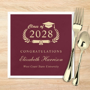 Serviette En Papier Élégant Script Bourgogne Red Gold Graduation