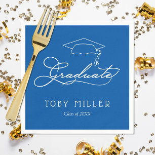 Serviette En Papier Élégant Script et Grad Casquette Bleu Graduation