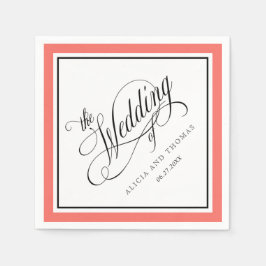 Serviette En Papier Élégant script fleurit Mariage Coral Bordure