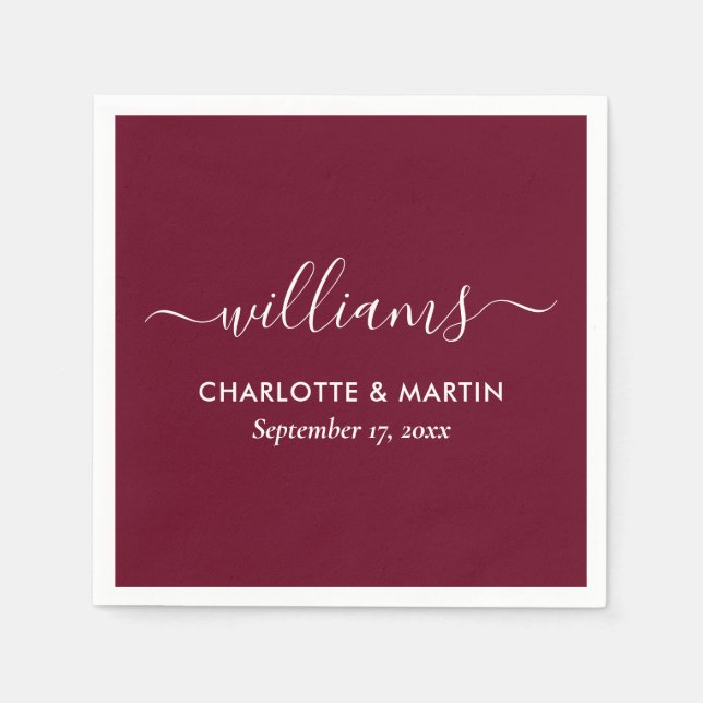 Serviette En Papier Élégant script moderne Mariage Bourgogne serviette (Devant)