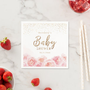 Serviette En Papier Élégant script or & baby shower floral blush