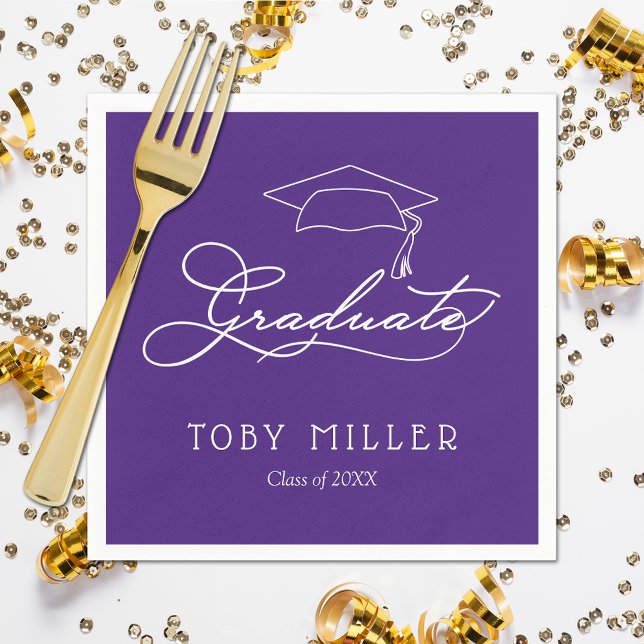 Serviette En Papier Élégant Script Purple Graduation Party Napkins (White script grad cap on purple personalized graduation party napkins, paper plates in our store)