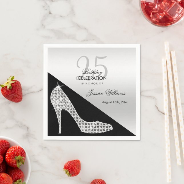 Serviette En Papier Elégant Sequin Stiletto, Argent et Noir Anniversai (En situation)