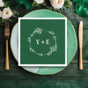 Serviette En Papier Élégant simple Emerald Green Monogramme Mariage