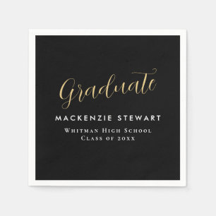 Serviette En Papier Élégant Simple Gold Script Graduation Noir