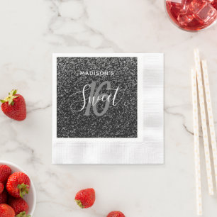 Serviette En Papier Élégant Sweet 16 Specks d'argent noir Personnalisé