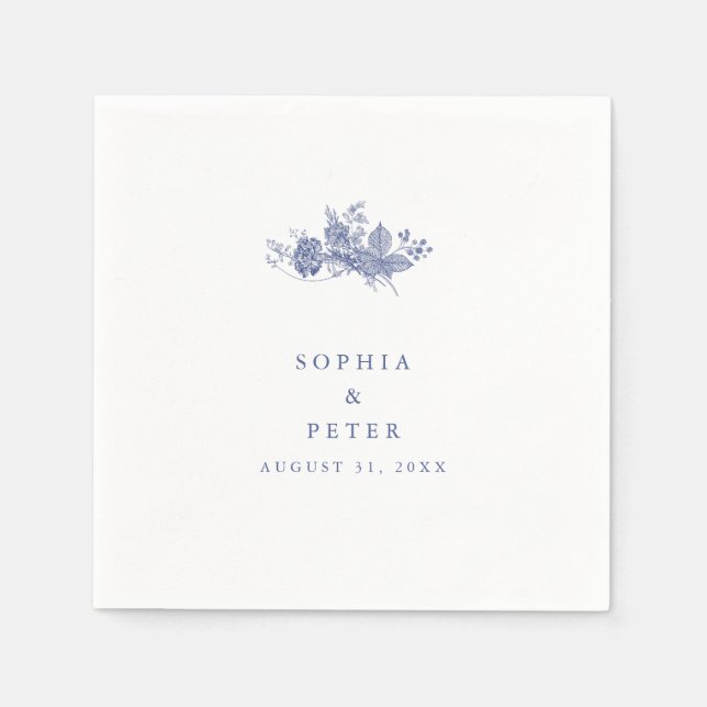 Serviette En Papier Élégant Toile bleu Mariage Floral (Devant)