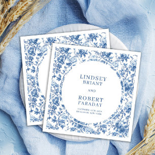 Serviette En Papier Élégant Toile de Jouy Roses Bleu Nuit Mariage Pers