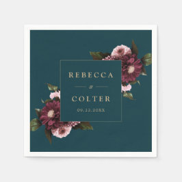 Serviette En Papier Élégant Turquoise foncé Bourgogne Floral Mariage