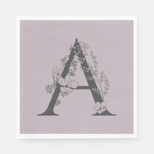Serviette En Papier Élégant Un Boho Floral Monogramme initial Lilac Gr
