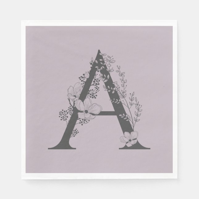 Serviette En Papier Élégant Un Boho Floral Monogramme initial Lilac Gr (Devant)