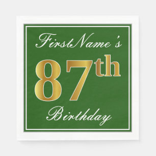 Serviette En Papier Elégant Vert, Faux Gold 87e anniversaire + Nom
