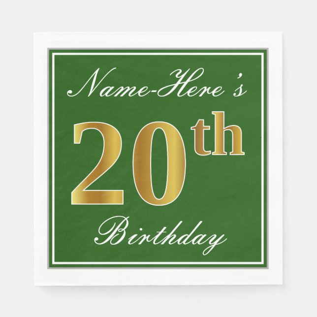 Serviette En Papier Elégant Vert, Faux Or 20ème Anniversaire + Nom (Devant)