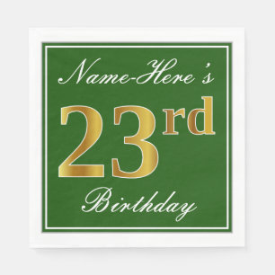 Serviette En Papier Elégant Vert, Faux Or 23ème Anniversaire + Nom