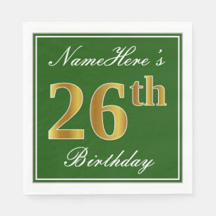 Serviette En Papier Elégant Vert, Faux Or 26ème Anniversaire + Nom