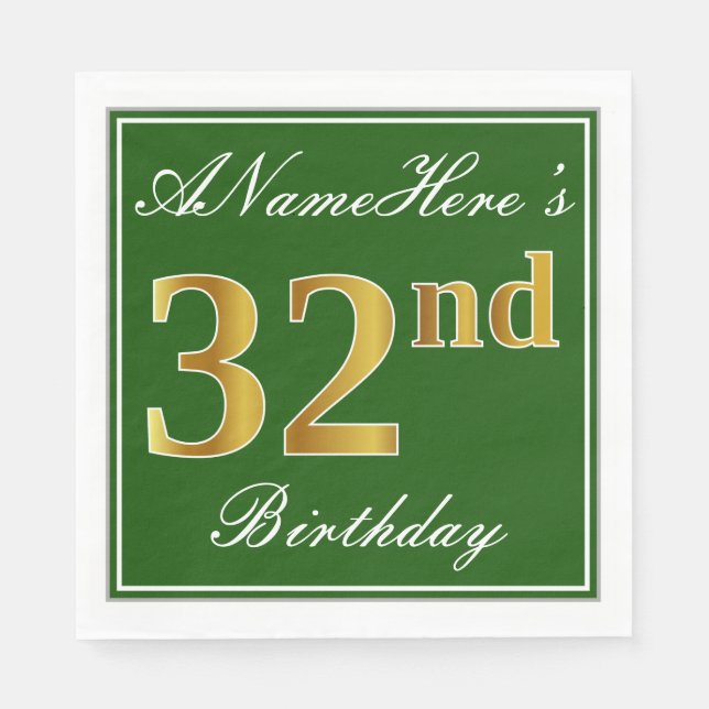 Serviette En Papier Elégant Vert, Faux Or 32ème Anniversaire + Nom (Devant)