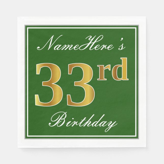 Serviette En Papier Elégant Vert, Faux Or 33ème Anniversaire + Nom (Devant)