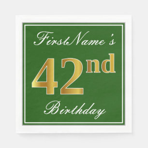 Serviette En Papier Elégant Vert, Faux Or 42ème Anniversaire + Nom