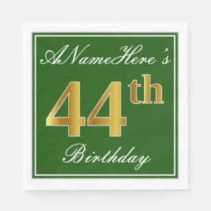 Serviette En Papier Elégant Vert, Faux Or 44ème Anniversaire + Nom