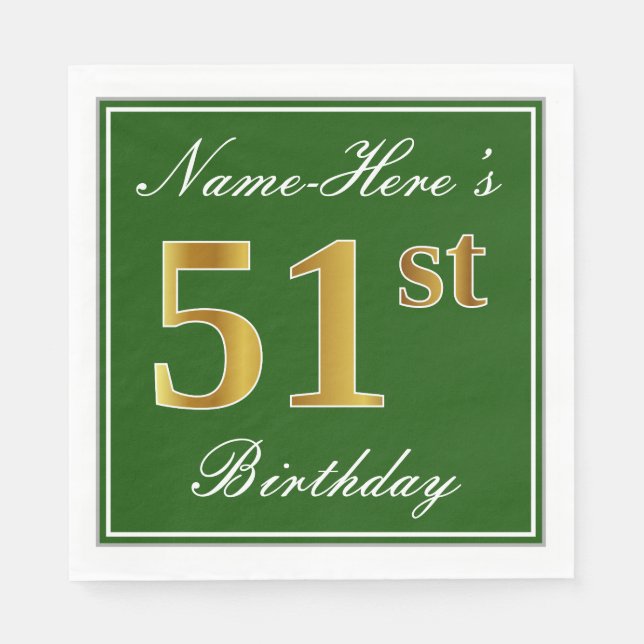 Serviette En Papier Elégant Vert, Faux Or 51ème Anniversaire + Nom (Devant)