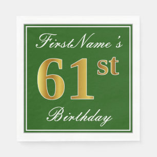 Serviette En Papier Elégant Vert, Faux Or 61ème Anniversaire + Nom