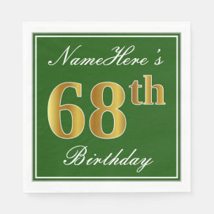 Serviette En Papier Elégant Vert, Faux Or 68ème Anniversaire + Nom