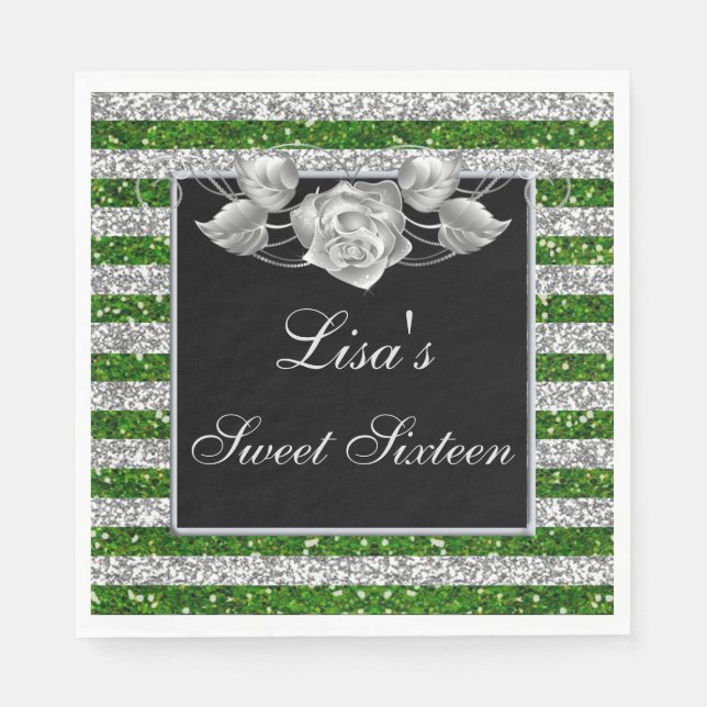 Serviette En Papier Elégant Vert Parties scintillant Argent Rose argen (Devant)