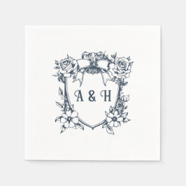 Serviette En Papier Élégant Vintage Floral & Monogram Crest Mariage