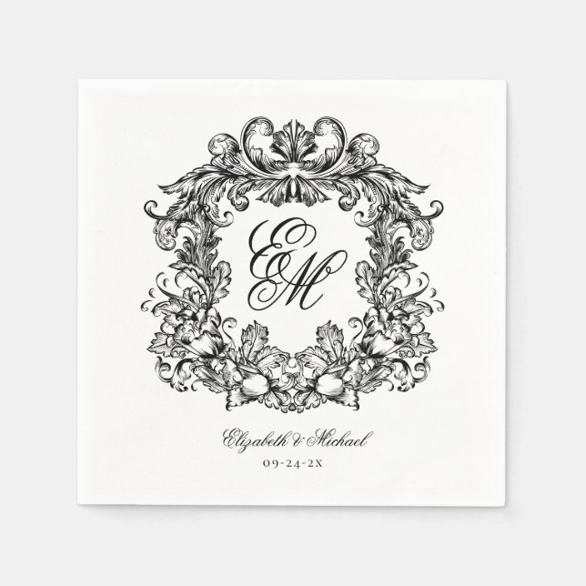 Serviette En Papier Élégant Vintage Monogram Crest Script Mariage (Devant)