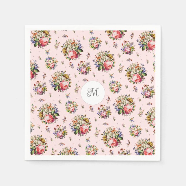 Serviette En Papier Élégant Vintage rose fleuri Nom Monogramme (Devant)