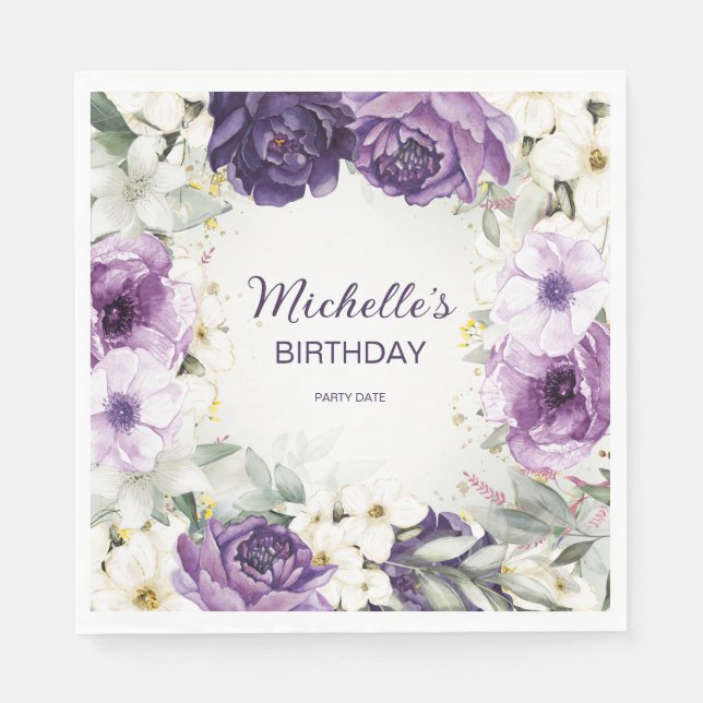 Serviette En Papier Élégant violet blanc Parties scintillant florale A (Devant)