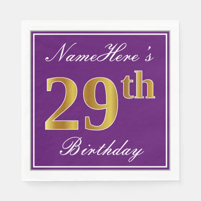 Serviette En Papier Élégant violet, Faux Gold 29ème anniversaire + Nom (Devant)