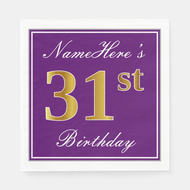 Serviette En Papier Elégant violet, Faux Gold 31ème anniversaire + Nom (Devant)
