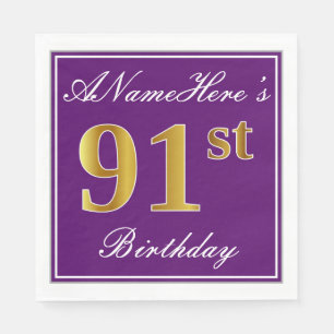 Serviette En Papier Elégant violet, Faux Gold 91ème anniversaire + Nom