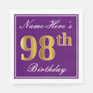 Serviette En Papier Elégant violet, Faux Gold 98ème anniversaire + N