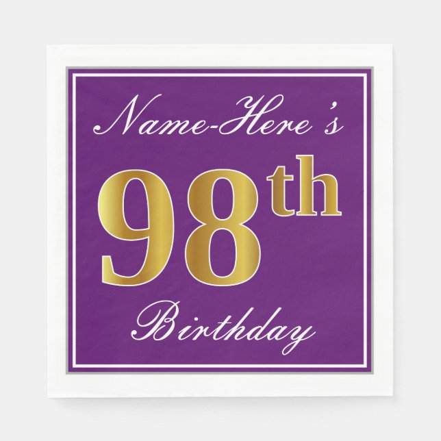 Serviette En Papier Elégant violet, Faux Gold 98ème anniversaire + Nom (Devant)
