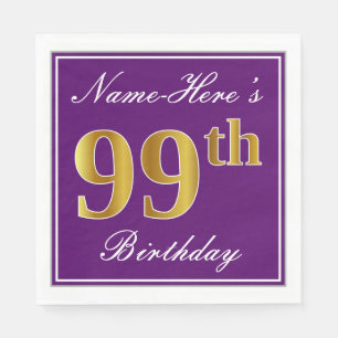 Serviette En Papier Elégant violet, Faux Gold 99e anniversaire + Nom