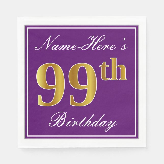 Serviette En Papier Elégant violet, Faux Gold 99e anniversaire + Nom (Devant)
