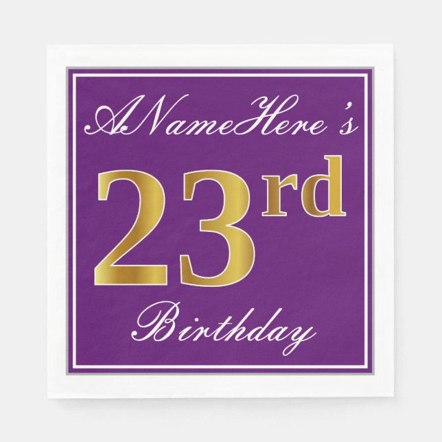 Serviette En Papier Élégant violet, Faux Or 23ème anniversaire + Nom (Devant)
