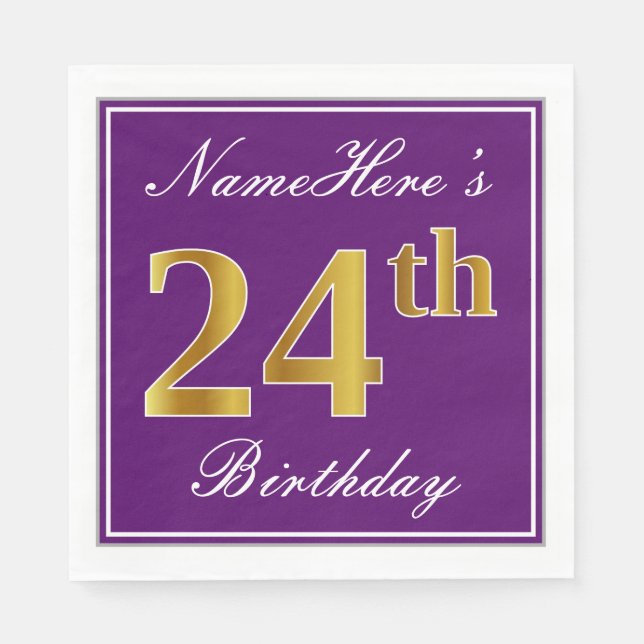 Serviette En Papier Élégant violet, Faux Or 24ème anniversaire + Nom (Devant)
