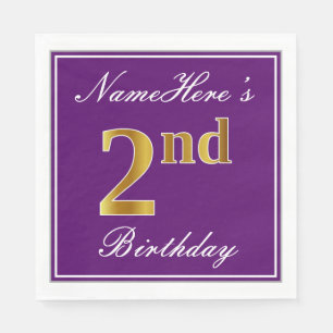 Serviette En Papier Élégant violet, Faux Or 2ème anniversaire + Nom