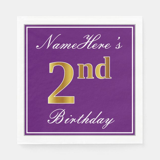 Serviette En Papier Élégant violet, Faux Or 2ème anniversaire + Nom (Devant)