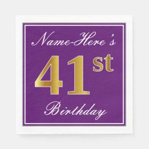 Serviette En Papier Elégant violet, Faux Or 41ème anniversaire + Nom