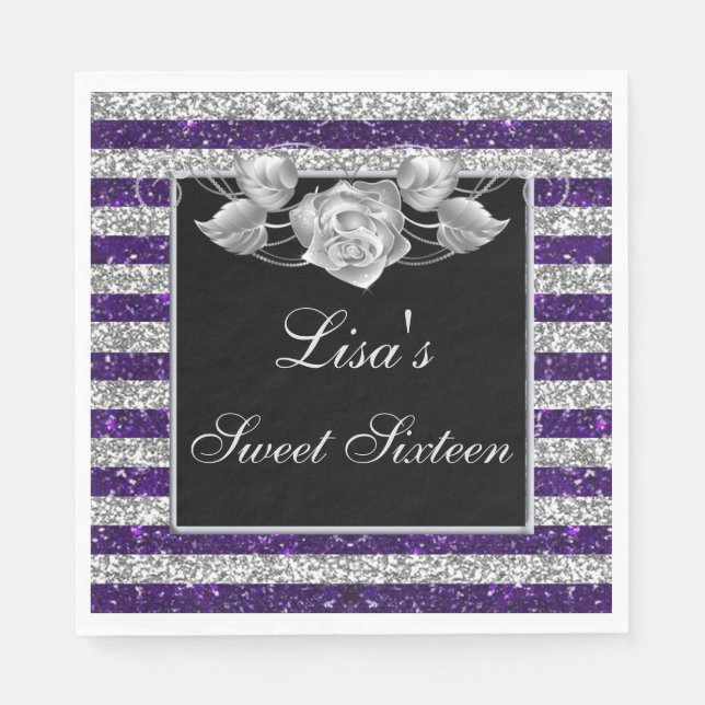 Serviette En Papier Elégant violet Parties scintillant argent Rose arg (Devant)