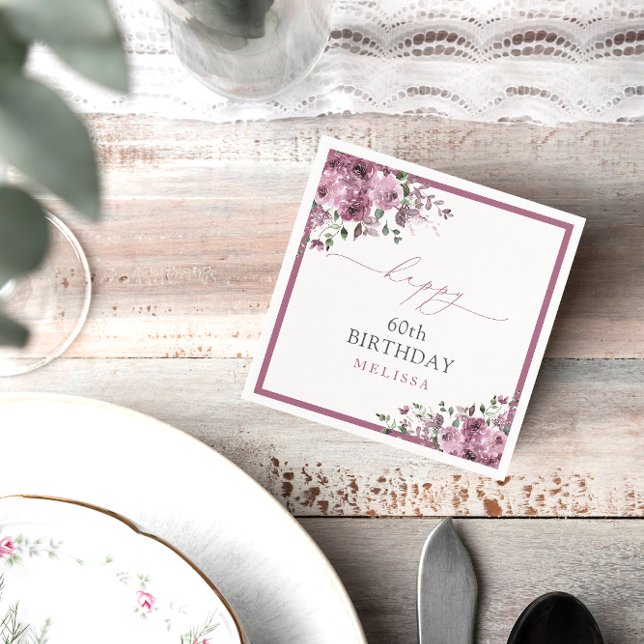 Serviette En Papier Élégant violet Roses 60e fête d'anniversaire (Créateur téléchargé)