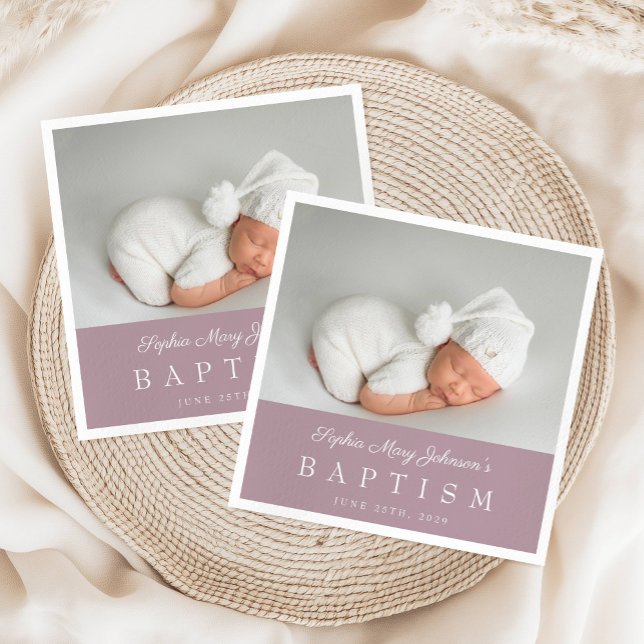 Serviette En Papier Élégant Violet Script Baptême Photo (Elegant Purple Script Baptism Photo Napkins)