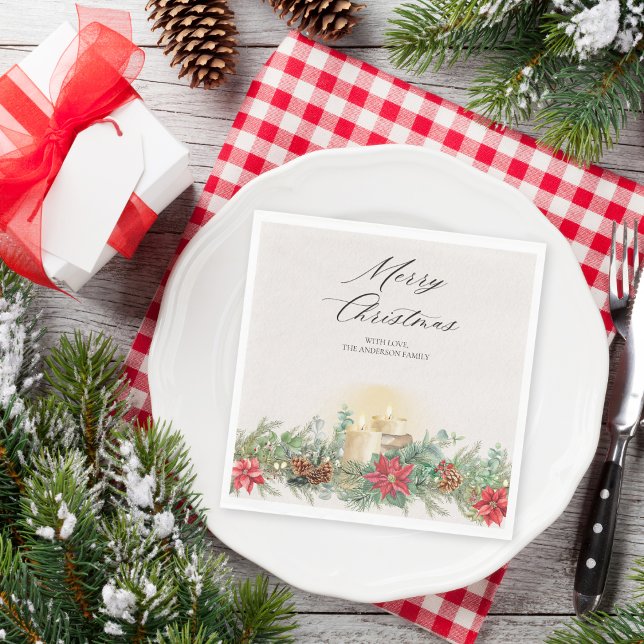 Serviette En Papier Elégante aquarelle Chandelle de Noël & Poinsettia (Créateur téléchargé)