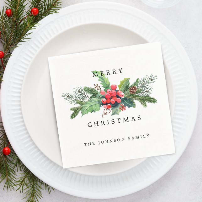 Serviette En Papier Elégante aquarelle florale de Noël personnalisée (Elegant Watercolor Christmas Florals Personalized Napkins)